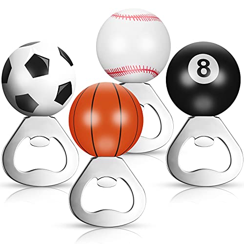 4 Pieces Sports Themed Party supplies, Basketball Football Billiard Softball Bottle Openers Refrigerator Magnet Opener Sports Beer Opener with Ball Handle for Athlete Funny Present Ball Party Favors