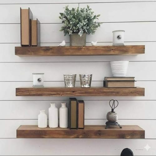 Image of Solid Wood Floating Wall Shelves Set of | Rustic Wooden Display Shelves for Living Room, Bedroom, Kitchen & Bathroom | Heavy Duty Wall Mounted Shelves (20 inches, 3 Shelves)