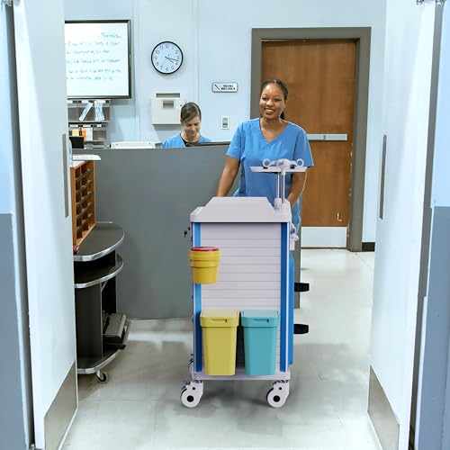 OLERN Adjustable Rolling Medical Storage Crash Cart - Includes Silent Casters, IV Pole, Needle Disposal Holder, Trash Bin & O2 Holder - Ideal Nursing Trolley for Clinics, Hospitals
