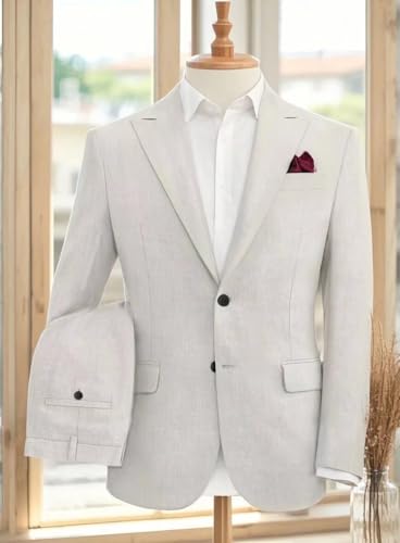Men Linen Suits Set 2 Piece Linen Beach Wedding Suit Slim Fit Two Button Casual Lightweight Blazer Jacket3