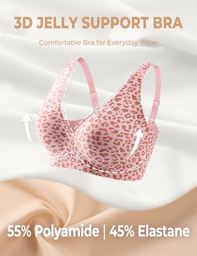 EUYZOU Womens Wireless Jelly Bras Comfortable Deep V Supportive No Underwire Bras T-Shirt Push Up Seamless Everyday Bra, Pink Leopard S — view 4