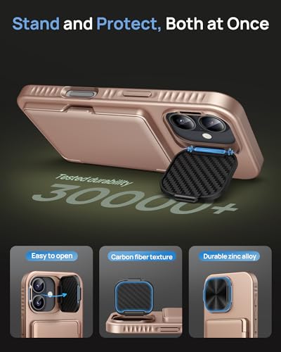 Image of for iPhone 16 Case with Card Holder & Camera Lens Cover & Stand, Military Grade Drop Protection Shockproof Rugged Kickstand Wallet Protective Phone Case Cover for iPhone 16 6.1 inch 2024, Rose Gold