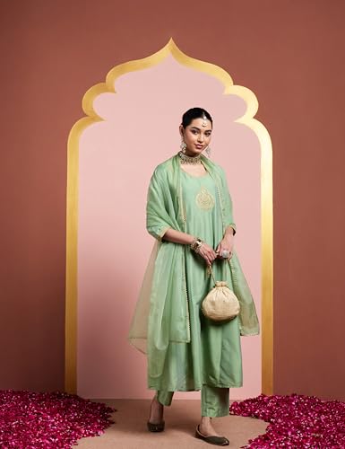 Image of Amazon Brand - Myx Women's A-Line Churidar Style Salwar Suit Set with Dupatta | Straight Pant (Available in Plus Sizes)