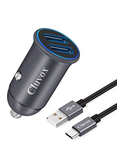 Cluvox Adaptive Fast Charging Car Charger, Dual QC3.0 Port Compatible for Samsung Galaxy S20/Plus/Ultra/S10+/S10e/S9/S8/Note 20/Ultra/10/9/8/A20/A50/A70, Mini All Metal Car Adapter with 3ft USB C Cord