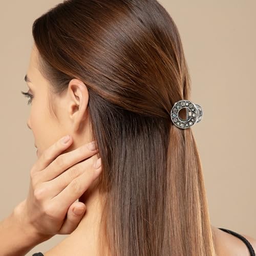Image of Radhu & Kabby Metal Round Stone Hair Claw Clip Pack | Silver & Gold Small Crystal Claw Clips for Women | Strong Grip Vintage Rhinestone Hair Accessories | Pack of 2