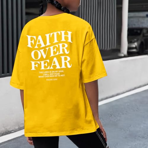 Image of Faith Over Fear Shirt Christian Jesus Tshirts for Girls Religious Inspirational Tees Bible Verse Tops for Kids 3-12