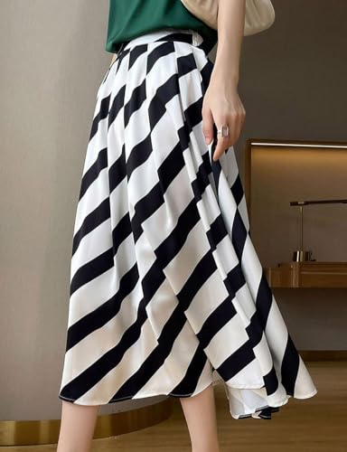 chouyatou Women's Color Block Striped Pleated Skirt High Elastic Waist A Line Business Casual Midi Long Skirt3
