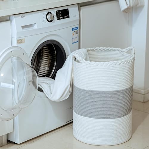Image of ALBY Woven,Tall Wicker Laundry Basket for Blankets,Clothes,Pillows,Toys,Shoes Large Cotton Laundry Hamper for Bedroom Living Room Bathroom Nursery (12''D x 15''H INCH, GreyA)
