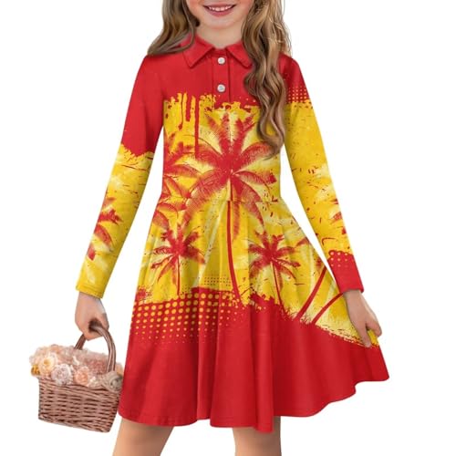 Flag Design Girls Active Tennis Golf Dress Long Sleeve A Line Swing Skater Twirl Dress Pleated Hem Midi Sundress