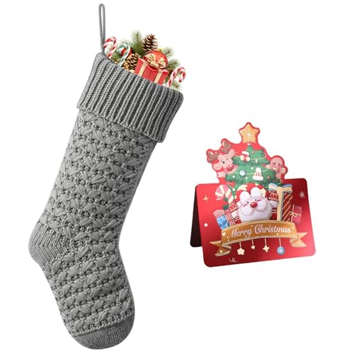meioro Christmas Stockings, 18” Large Knitted Jacquard Family Christmas Stocking, Fireplace Hanging Stocking Decorations, Knit Xmas Stocking Greeting Card Holiday Party Decoration (Grey, 1 Pcs)