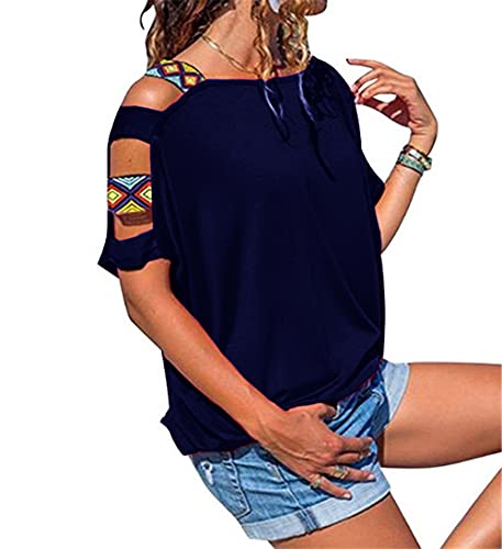 Janepam Women Tops Summer Short Sleeve Plain Solid Cold Shoulder Boho Ethnic Loose Fit Tee T-Shirt Plus Size(A-Navy,X-Large)