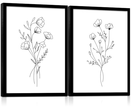 Framed Set of Two Canvas Wall Art Simple Botanical Line