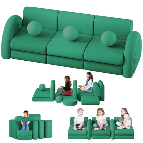 DEYGIA 16PCS Modular Kids Play Couch, 63'' Kids Couch with 3 Balls, Tunne, 16 in 1 Toddler Couch for Playing, Creativing, Sleeping, Indoor Kids Sofa for Boys and Girls (Green)