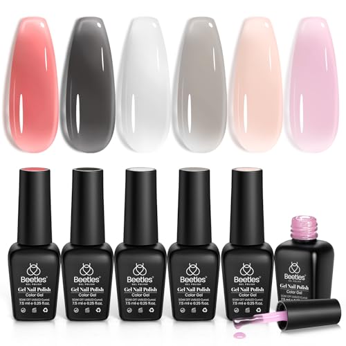 Image of Beetles Jelly Gel Nail Polish Set, 6 Colors Nude Pink Red Gray Black White Gel Polish Kit Neutral Translucent Sheer Gel Soak off Uv Unfading Glow Collection French Nail Art Manicure Gift for Women
