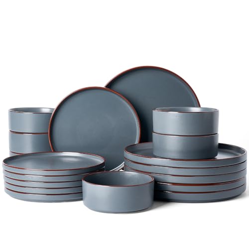 Image of Famiware Nebula Ridge Stoneware Dinnerware Sets for 6, Plates and Bowls Sets, 18 Pieces Dishes Set, Microwave and Dishwasher Safe Kitchen Plates, Charcoal