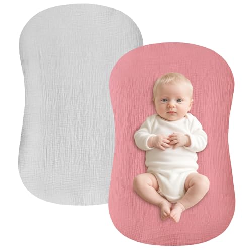 Image of Hooyax Baby Lounger Cover 2 Pack - 100% Muslin Cotton Newborn Lounger Pillow Covers Only, Soft Breathable Infant Lounger Cover with Reinforced Stitching, Fits Most Standard Baby Loungers (Grey Pink)