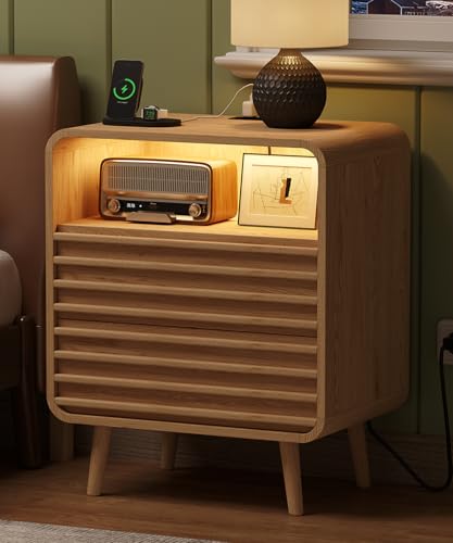 Fluted Nighstand with 2 Drawers & Charging Station, 22.4