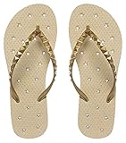 Showaflops Girls' Antimicrobial Shower & Water Sandals for Pool, Beach, Camp and Gym - Golden Sand Stars 13/1