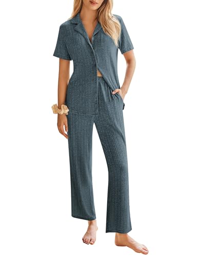Ekouaer Womens Rib Knit Pajamas Button Up Lounge Sets Short Sleeve Top and Long Pants Matching Pjs Sleepwear Loungewear