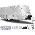 FRUNO Oxford Cloth Travel Trailer RV Cover 27'8"-30' Waterproof Rip-Resistant Anti-UV Camper Cover for Winter Snow with Jack Cover 4 Tire Covers and Gutter Covers