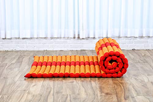 Image of Leewadee - Kapok Roll Mat - Handcrafted Folding Sleep & Relaxation Mattress from Thailand, Ideal as Guest Bed, Camping Mat, Yoga Mat or Traditional Futon, 75 x 39 inches, Orange Red