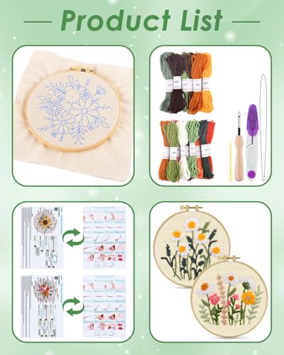 Image of ERKOON Punch Needle Kit Adults Beginners, 2 Pcs DIY Easy Flower Embroidery Set for Starter Art Craft, Needling Punching Project with Patterns, Tools, Yarns, Hoop, Instruction (Colorful Flowers)