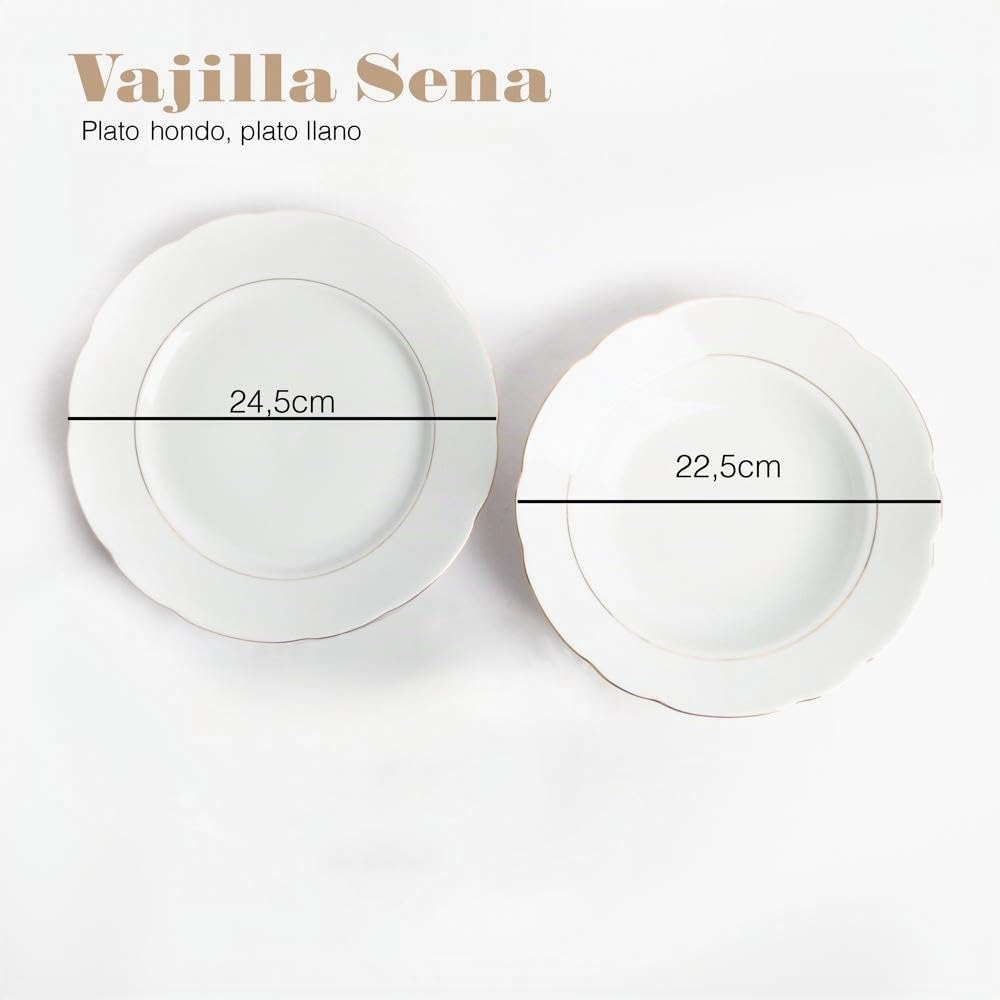 FRANQUIHOGAR - Juego de Vajilla 18 Piezas para 6 Personas - Porcelana Blanca con Filo de Oro, Elegante y Clásico, Incluye Platos Llanos, Hondos, Blanco Con Filo de Oro, Porcelana
