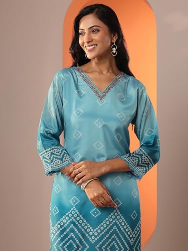 Image of Libas Blue Printed Chinon Straight fit Kurta set for Women | daily wear suit