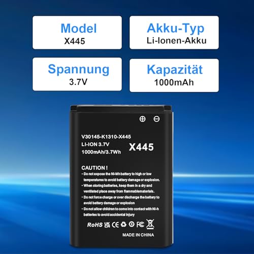 Ersatzakkus für Siemens Gigaset SL78H/SL780/SL785/SL788/SL400/SL400A/SL400H, 3.7V 1000mAh Li-Ionen Akku Kompatibel mit Telekom A806/X656 & Original Teile-Nr. V30145-K1310K-X444 V30145-K1310-X445