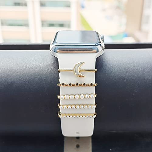 Image of 5Pcs Charms for Apple Watch band 41mm 45mm 40mm 44mm 38mm 42mm 46mm 49mm Women,Diamond+Metal Jewelry Decorative Ring For iWatch series 11 10 9 8 7 6 5 4 se 3 /2,Galaxy watch 7 /6 /5 /4,Strap Accessories