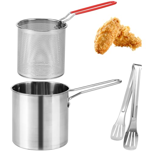 Friteuse avec panier en acier inoxydable 304 avec panier de 1200 ml, mini friteuse à huile avec poignée, multifonction, petite poêle à frire pour tempura,...