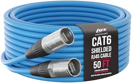 LyxPro 50 ft Shielded Cat6 Ethercon RJ45 Cable, Male to Male, Blue