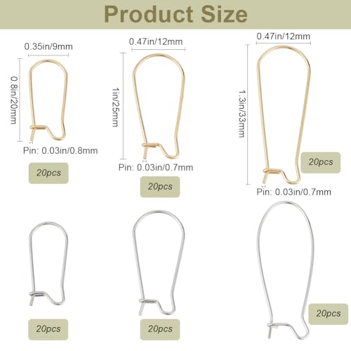 SOFPLATE 1 Box 120Pcs 6 Style Silver Kidney Earring Hooks Stainless Steel Earring Findings Bulk U Shaped Real 18K Gold Plated Ear Wires Long Teardrop Dangle Earring Wires for jewellery Making Supplies - Image 2