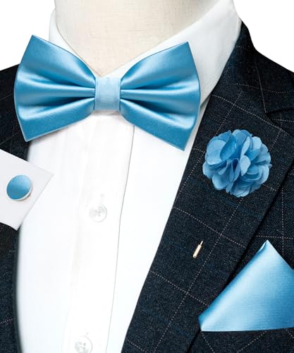 Image of RBOCOTT Solid Color Bow Tie and Pocket Square with Lapel Pin Cufflinks Set 4PCS