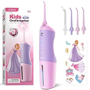 COSLUS Kids Water Dental Flosser Deep Cleaning Picks, Portable, 4 Modes for Ages 6+ Safe Waterproof Newest Flosser Rechargeable with 4 Jet Tips for Gums Care F5023 Pink Purple