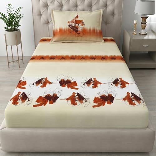 Image of Mafatlal 186 TC Autumn Delight Graceful Pure Cotton Single Flatsheet (60 x 90 Inch) | Breathable Summer Comfort | Wrinkle-Free Floral Bedsheet with 1 Pillow Cover, Beige Brown