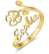 Birth Flower Gold Rings For Women Non Tarnish,18K Gold Plated/925 Sterling Silver Custom Name Rin...