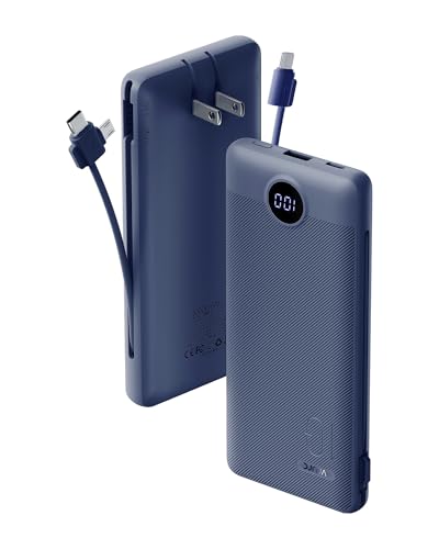 VRURC Portable Charger Built-in Cables and AC Wall Plug, USB C Power Bank 10000mAh, Travel Battery Portable Phone Charger Compact Lightweight External Battery Pack for Smart Phones, Tablets etc-Navy