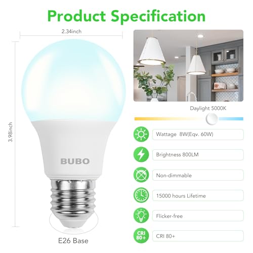 Image of BUBO 48 Pack A19 LED Light Bulbs, 60 Watt Equivalent LED Bulbs, Daylight 5000K, 800 Lumens, E26 Standard Base, Non-Dimmable, 8W Daylight LED Bulbs for Bedroom Living Room Home Office