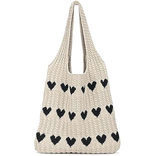 Gaudiwel Bolsa de ombro de malha grande de crochê bolsa de praia bolsa hobo bolsa estética bolsas femininas, Cáqui (coração preto), Free