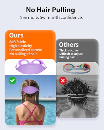 Pixel Panda 2 Pack Kids Swim Goggles with Fabric Strap for 3-8 Anti-Fog Anti-UV, No Leak No Hair Pulling Swimming Goggles Boys Girls Youth Toddlers Pool Water Protection(Purple and Rose Red) - image 3