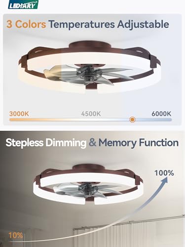 Image of LEDIARY 20 inch Ceiling Fans with Lights and Remote, Modern Low Profile Ceiling Fan, 3 CCT, Stepless Dimmable, Fandelier Flush Mount Fan Light, 6 Speeds, DC Motor, App & Remote Control for Bedroom(Brown)