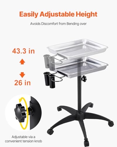 Image of VEVOR Stainless Steel Salon Tray, Adjustable Height Mayo Stand Medical Tray, Tattoo Tray Lab Cart with 2 Cups and Metal Ring for SPA, Clinic, Personal Care, Lab, Hospital, Dentistry
