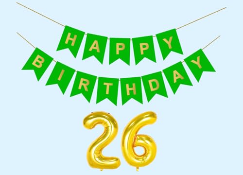 Image of 26th Happy Birthday Decoration Kit Green for 26 year Old Boys Girls Men Women with Number Twenty-six Party Decorations Decor Celebration Items Item Set Combo Reusable Paper Banner