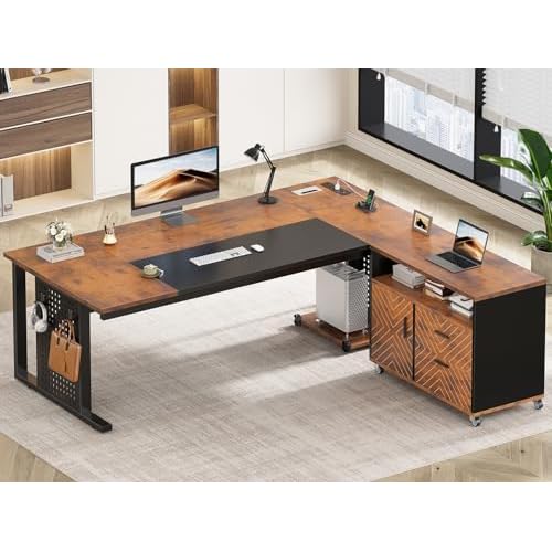 SEDETA 71" Executive Desk with Rolling File Cabinet, Large Office Desk with Drawers, L Shaped Computer Desk with Power Outlets, CPU Stand, Pegboard an