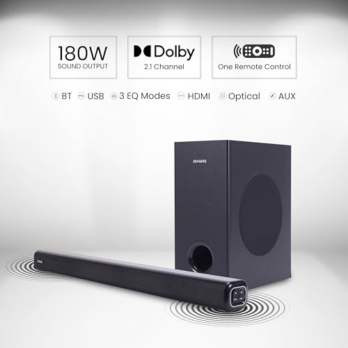 Image of Aiwa Soundbar with Bluetooth V5.3 and Powerful Bass, 5.25 Inches Subwoofer, 2.1 Channel with Remote Control SD Card, HDMI AUX, USB and Optical Connectivity 180W Sound bar | Kabuki - AW-SSB180 (Black)