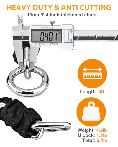 Image of NDakter Motorcycle Chain Locks, Heavy Duty Anti Theft - 18mm Shackle, 4FT x 10mm Thickness Security Chain, Bike U Lock with 3 Keys for Ebike, Escooter, Moped and Gate