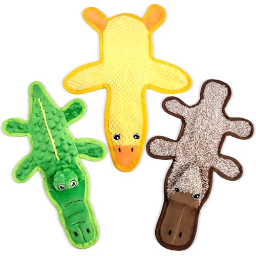 CHAWONER Paquete de 3 juguetes chirriantes para perros, interactivos sin relleno, cocodrilo, pato, ornitorrinco, juguete masticable con papel arrugado, juguetes de peluche suaves para perros pequeños,