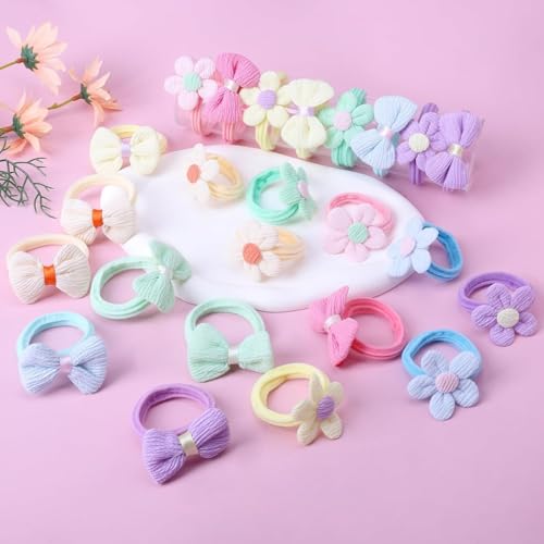 Image of BendJoy 24 Pcs Kids Hair Ties Set, Colorful Cute Hair Elastics with Soft Stretch for Girls | Butterfly & Flower | Gentle for Babies | No-Snag | Ponytail Holders | Everyday Hair Styling