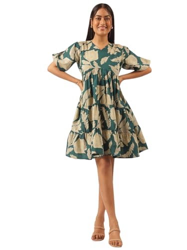 Image of Vbuyz Women's Floral Print Flared Cotton Beige Stitched Dress
